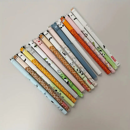 Multiple animal-themed gel pens with colorful patterns held in hand, showcasing fun designs for school, office, or creative use