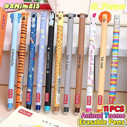 Assorted animal motif gel pens with colorful, patterned bodies and caps, featuring fun designs like rainbow, stars, and animals, for school and art projects.