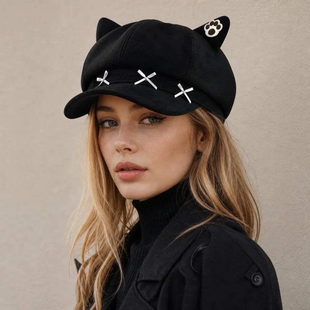 Cute Cat Ear Beret Cap Warm Bow Winter Hat Claw Pattern Painter Beret Hat Women Petoria Store