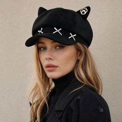 Cute Cat Ear Beret Cap Warm Bow Winter Hat Claw Pattern Painter Beret Hat Women Petoria Store