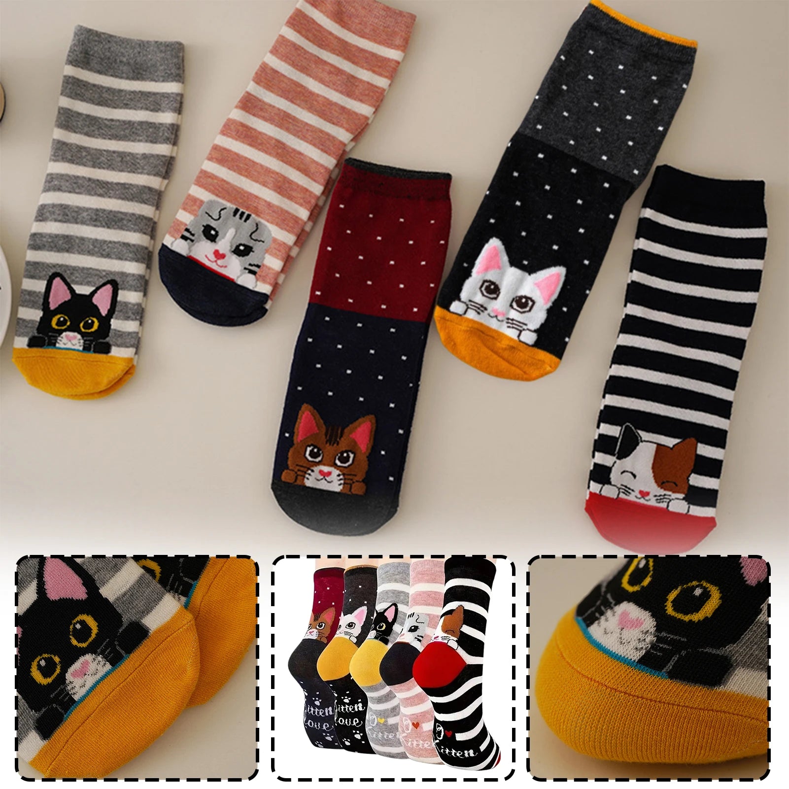 5/10 Paar Damensocken mit Tiermuster, Baumwollsocken, bunt, lustig, schweißableitend, weich, bequem, lässig, Mädchensocken