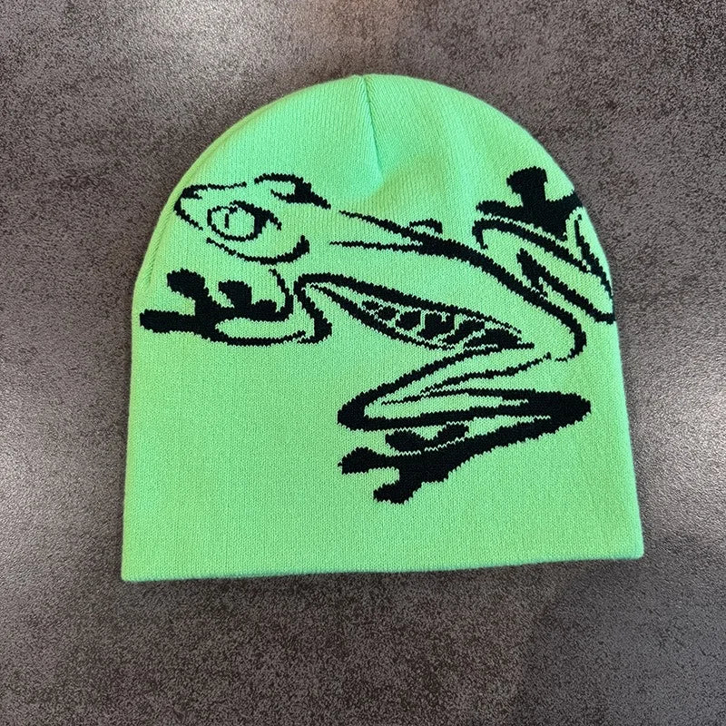 Beanie mit Baumfrosch-Aufdruck für Herren und Damen, dehnbare gestrickte Totenkopfmütze für Outdoor-Sportarten, lässige Streetwear, Unisex-Wintermütze mit Bündchen