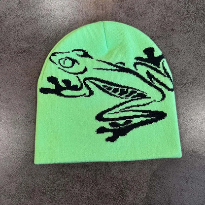 Bright green knitted beanie with black dragon graphic, unisex winter hat, warm and comfortable for cold weather, SKU: 14:1052