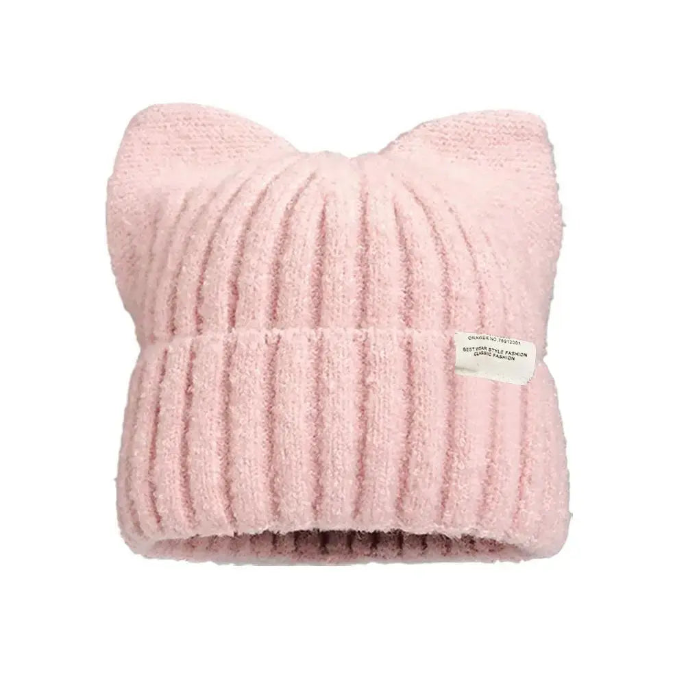 Katzenohren Beanie – Rosa Strickmütze mit Katzenohren für Damen, ideal für Herbst und Winter.