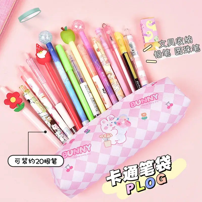 Pink plaid pencil case with adorable bunny illustration, designed for kids to store pens and stationery, holds about 20 pens, pink theme.