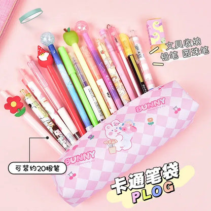 Pink plaid pencil case with adorable bunny illustration, designed for kids to store pens and stationery, holds about 20 pens, pink theme.