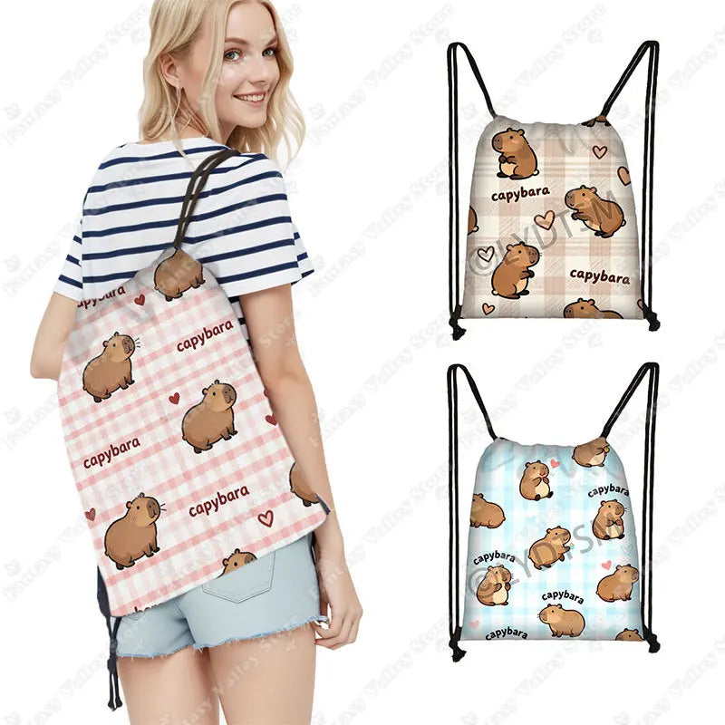 Cute Animal Capybara Graphic Pattern Drawstring Bags Women Outdoor Storage Bags for Travel Backpack Shoes Holder Bookbag Petoria Store