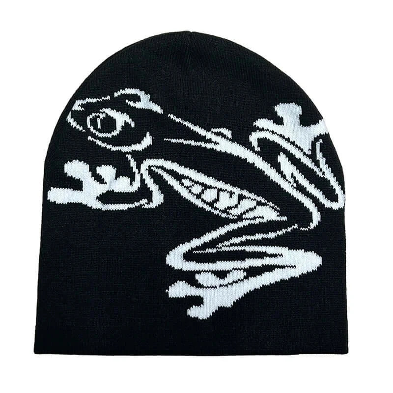 Black knitted beanie with white dragon graphic design, unisex winter hat, soft material, suitable for autumn and winter, SKU: 14:1052