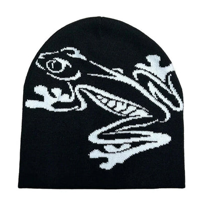 Black knitted beanie with white dragon graphic design, unisex winter hat, soft material, suitable for autumn and winter, SKU: 14:1052
