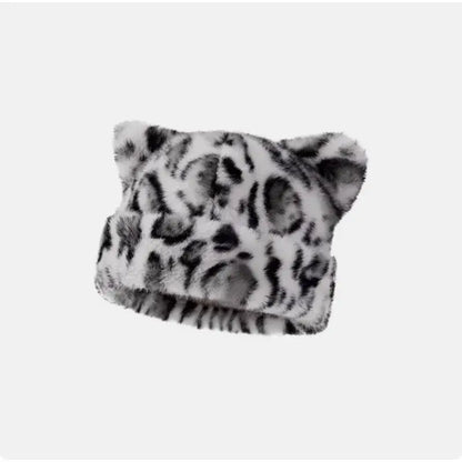 White tiger print teddy beanie with cat ears, made of plush fabric, stylish winter accessory for women, SKU: 14:200001438