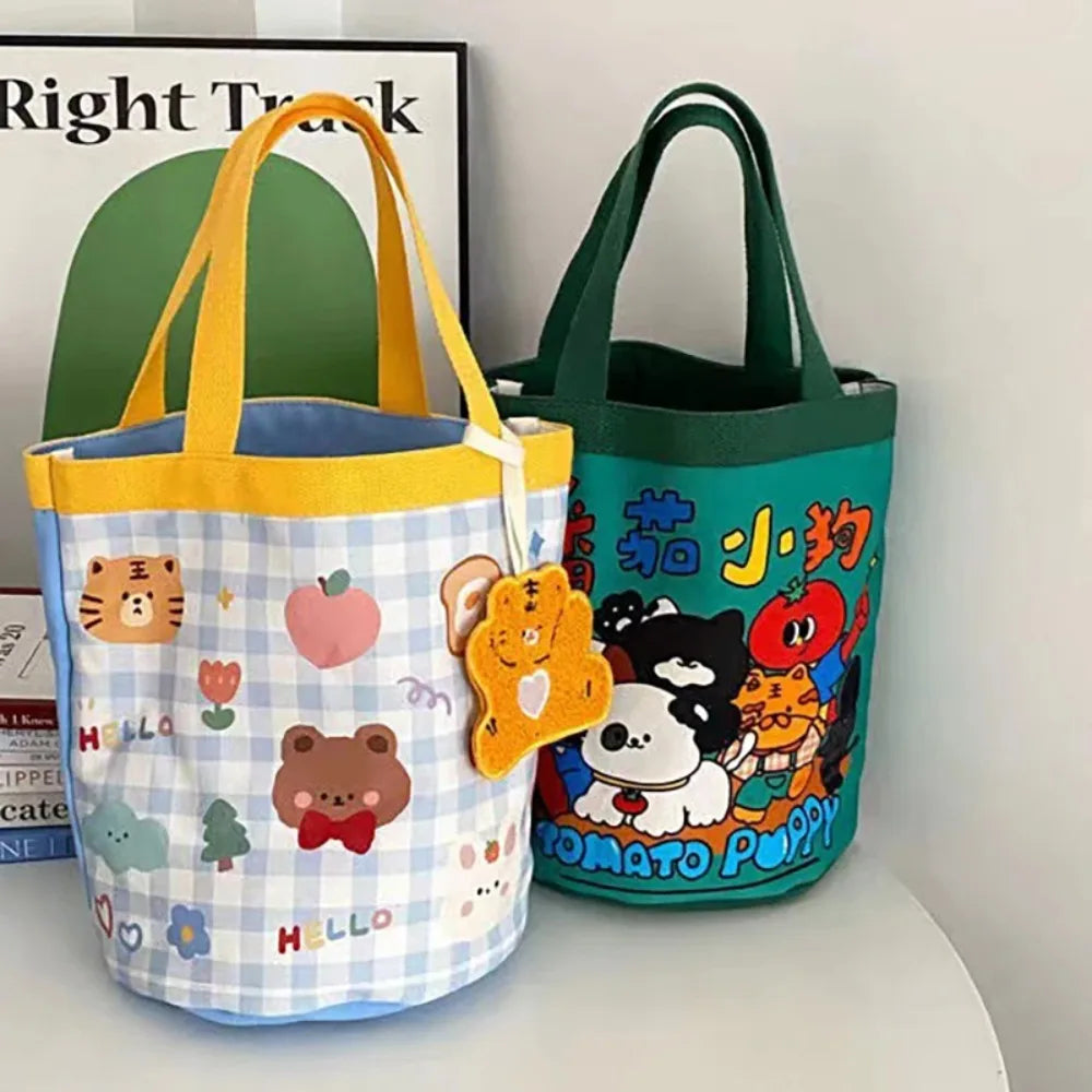 Bucket Bag Portable Cute Animal Pattern Graffiti Handbag Cartoon Print Cylindrical Bag Canvas Bento Bag Handheld Lunch Box Bag Petoria Store