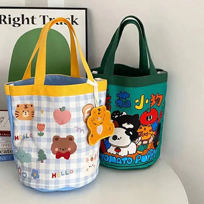 Bucket Bag Portable Cute Animal Pattern Graffiti Handbag Cartoon Print Cylindrical Bag Canvas Bento Bag Handheld Lunch Box Bag Petoria Store