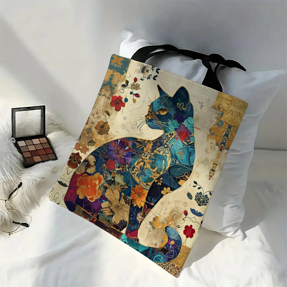 Ethnic Flower Cat Pattern Tote Bag, Aesthetic Canvas School Shoulder Bag, Lightweight Grocery Shopping Bag Petoria Store