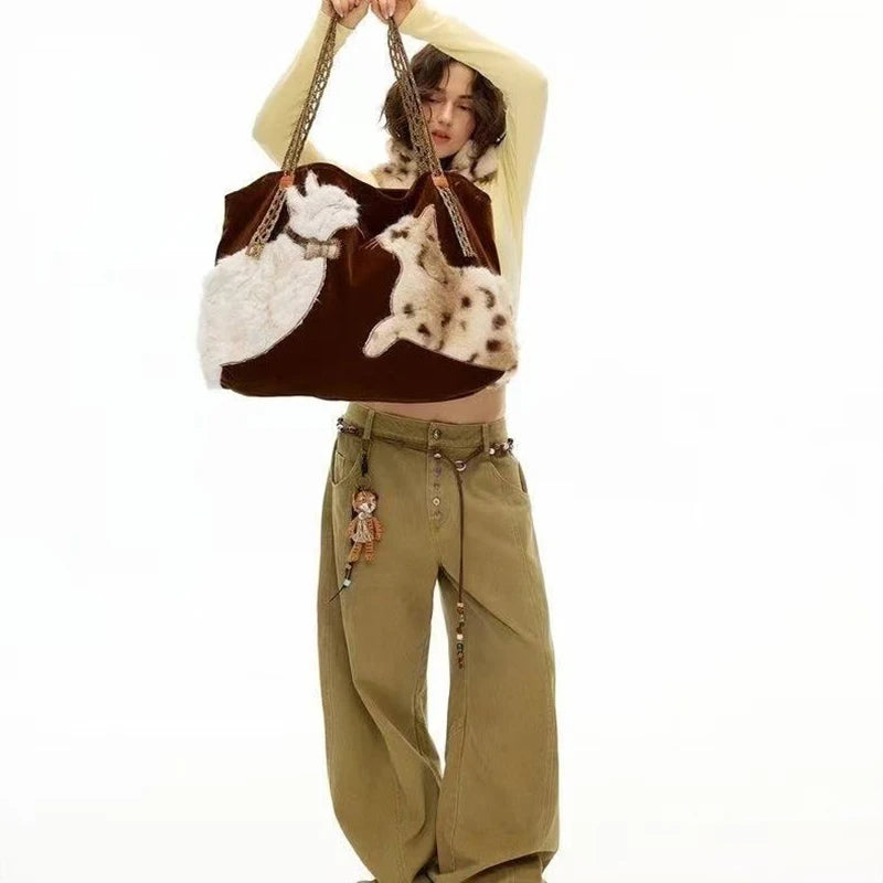 Cute Retro Puppy Tote Bag Women Leather Texture Plush Large Capacity Shoulder Bag Ladies Fashion Casual Versatile Crossbody Bags Petoria Store
