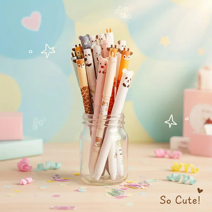 Assorted animal motif gel pens in a glass jar, featuring cute bear, panda, and giraffe designs, suitable for school and craft activities