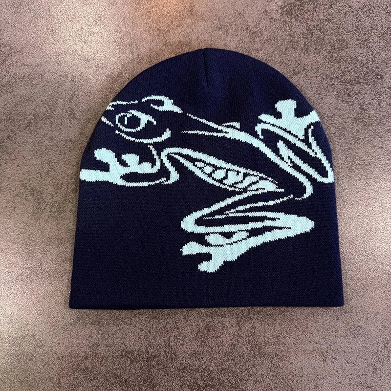 Beanie mit Baumfrosch-Aufdruck für Herren und Damen, dehnbare gestrickte Totenkopfmütze für Outdoor-Sportarten, lässige Streetwear, Unisex-Wintermütze mit Bündchen