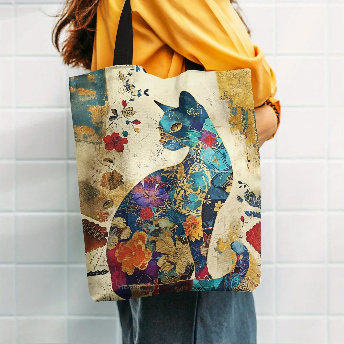 Floral Cat Pattern Tote Bag, Aesthetic Canvas School Shoulder Bag, Lightweight Grocery Shopping Bag Petoria Store