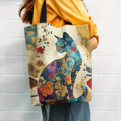 Floral Cat Pattern Tote Bag, Aesthetic Canvas School Shoulder Bag, Lightweight Grocery Shopping Bag Petoria Store