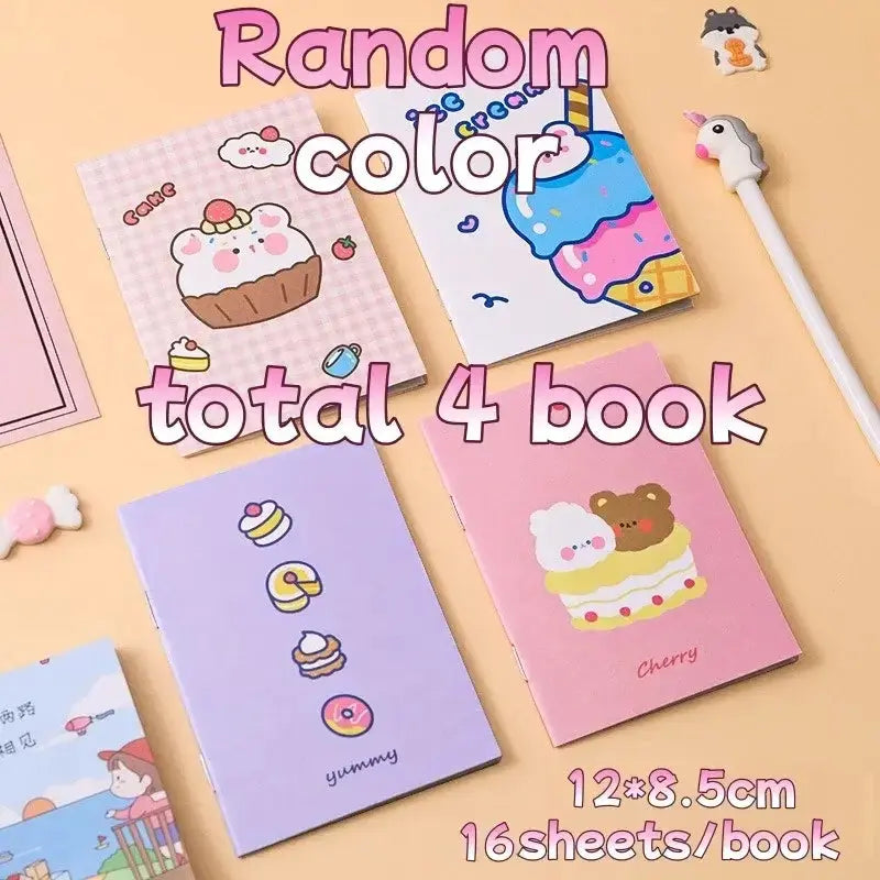 Kawaii Cartoon Mini-Notizbücher in verschiedenen Farben, 4er Set, 16 Blätter pro Buch, süßes Design, ideal für Notizen.