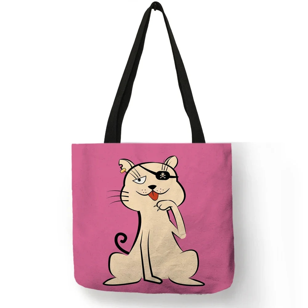 Einkaufstasche mit Cartoon-Tier-Katzen-Aufdruck für Damen, faltbar, wiederverwendbar, Einkaufstaschen, Handtaschen aus Polyester