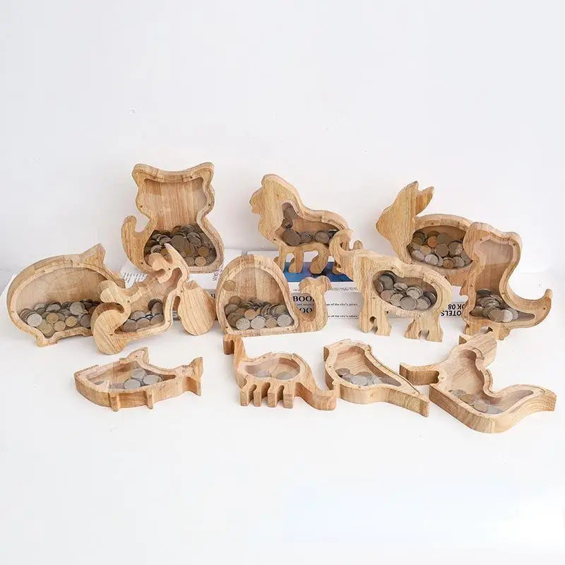 Holz Tier Sparschwein Transparent Katze Elefant Dinosaurier Holz Carving Sparschwein Kinder Sparschwein Lagerung Jar Desktop Decor