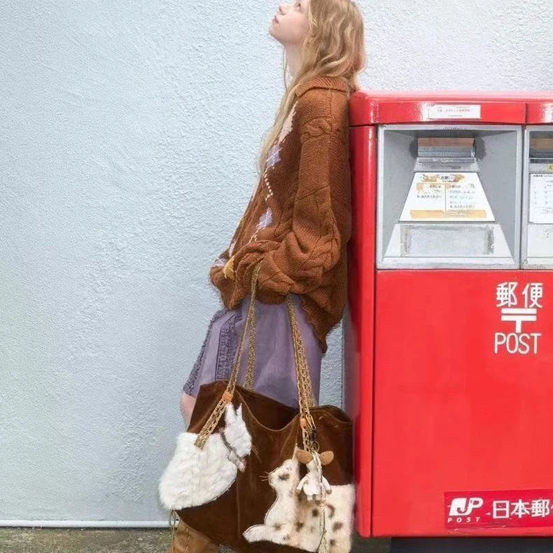 Cute Retro Puppy Tote Bag Women Leather Texture Plush Large Capacity Shoulder Bag Ladies Fashion Casual Versatile Crossbody Bags Petoria Store