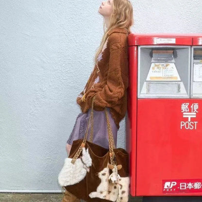 Cute Retro Puppy Tote Bag Women Leather Texture Plush Large Capacity Shoulder Bag Ladies Fashion Casual Versatile Crossbody Bags Petoria Store