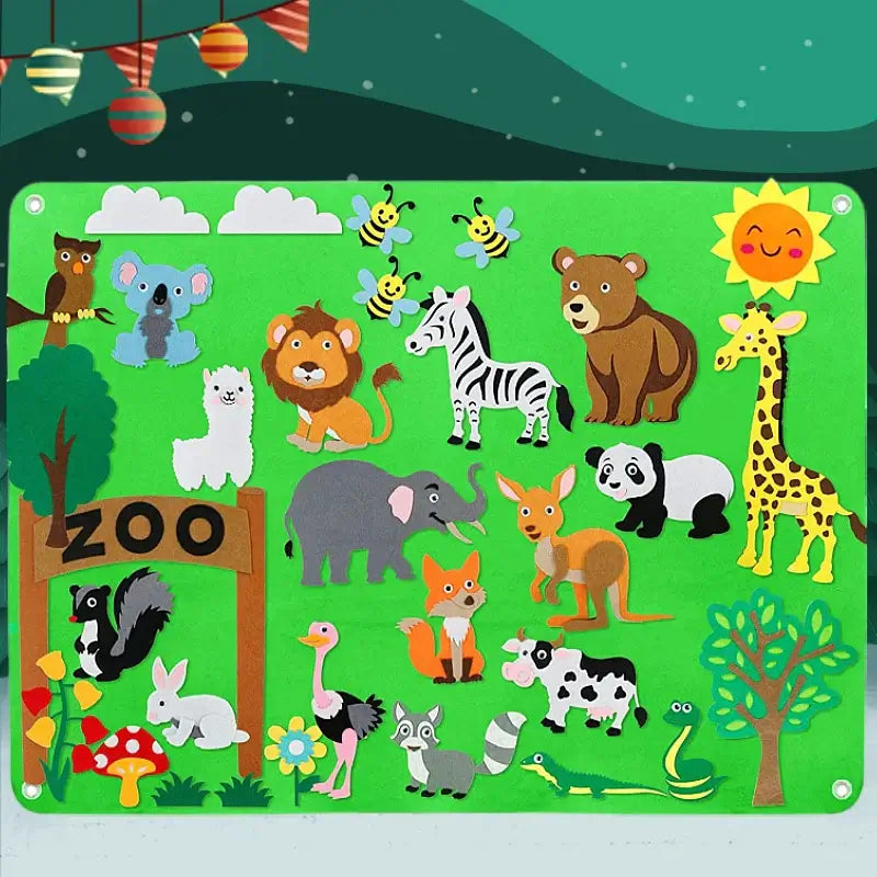 Bright felt zoo-themed Montessori puzzle with various animals like lion, zebra, and panda, perfect for children&