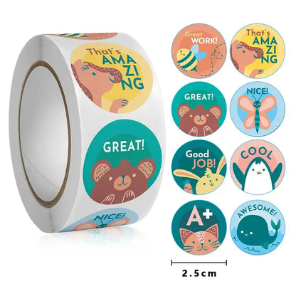Collection of colorful reward stickers with animals and encouraging words, 2.5cm, perfect for school and home use