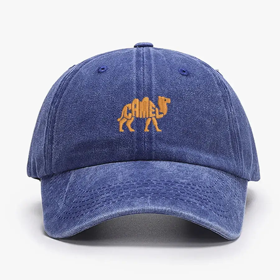 Sapphire blue vintage cotton baseball cap with embroidered camel logo, adjustable unisex style for sports and leisure