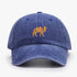 Sapphire blue vintage cotton baseball cap with embroidered camel logo, adjustable unisex style for sports and leisure