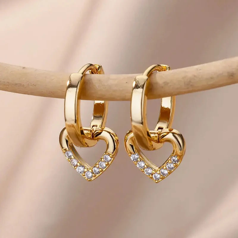 Herz Edelstahl Ohrringe für Frauen Zirkon Gold Farbe Creolen Ästhetische Wasserdichte Ohr Piercing Schmuck Zubehör