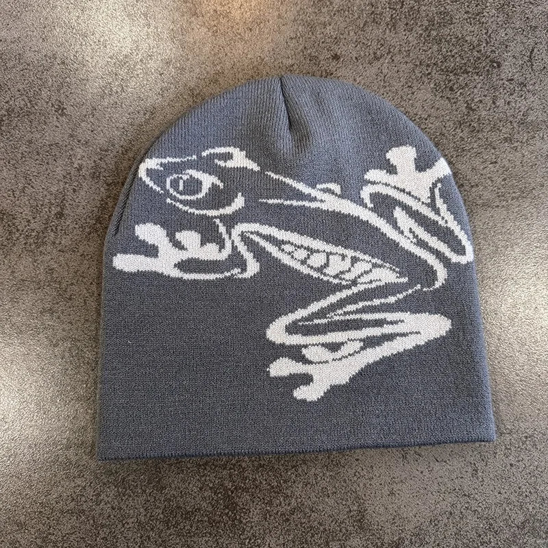 Beanie mit Baumfrosch-Aufdruck für Herren und Damen, dehnbare gestrickte Totenkopfmütze für Outdoor-Sportarten, lässige Streetwear, Unisex-Wintermütze mit Bündchen