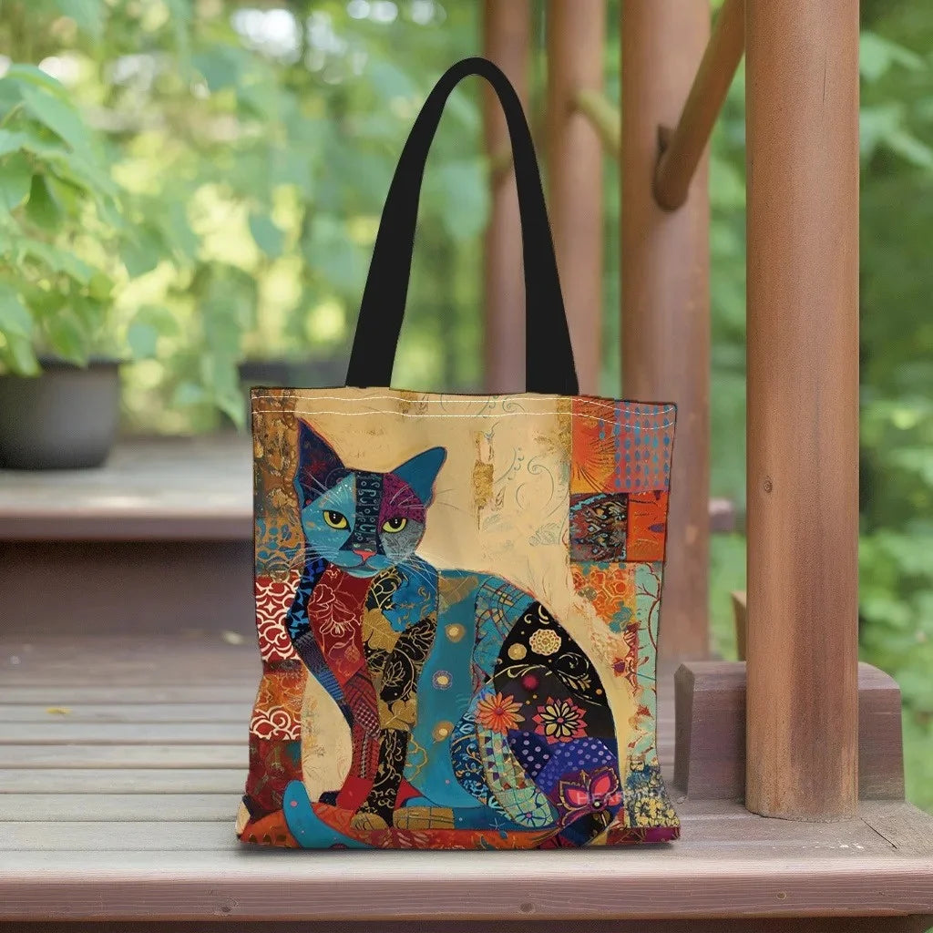 Floral Cat Pattern Tote Bag, Aesthetic Canvas School Shoulder Bag, Lightweight Grocery Shopping Bag Petoria Store