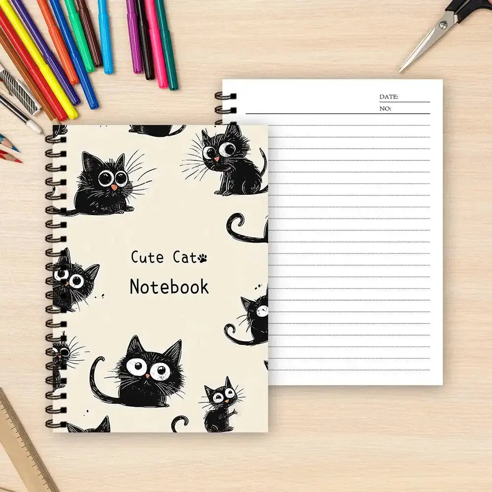 Schwarze Katze Notizbuch A5 Hardcover mit Spiralbindung und Katzenmotiven von Petoria