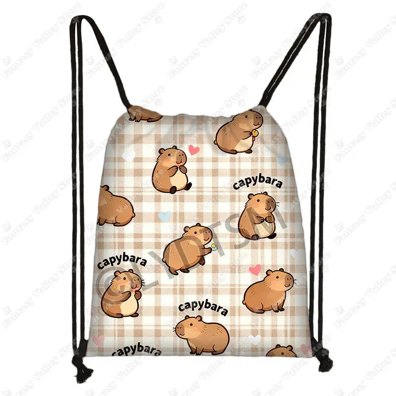 Cute Animal Capybara Graphic Pattern Drawstring Bags Women Outdoor Storage Bags for Travel Backpack Shoes Holder Bookbag Petoria Store