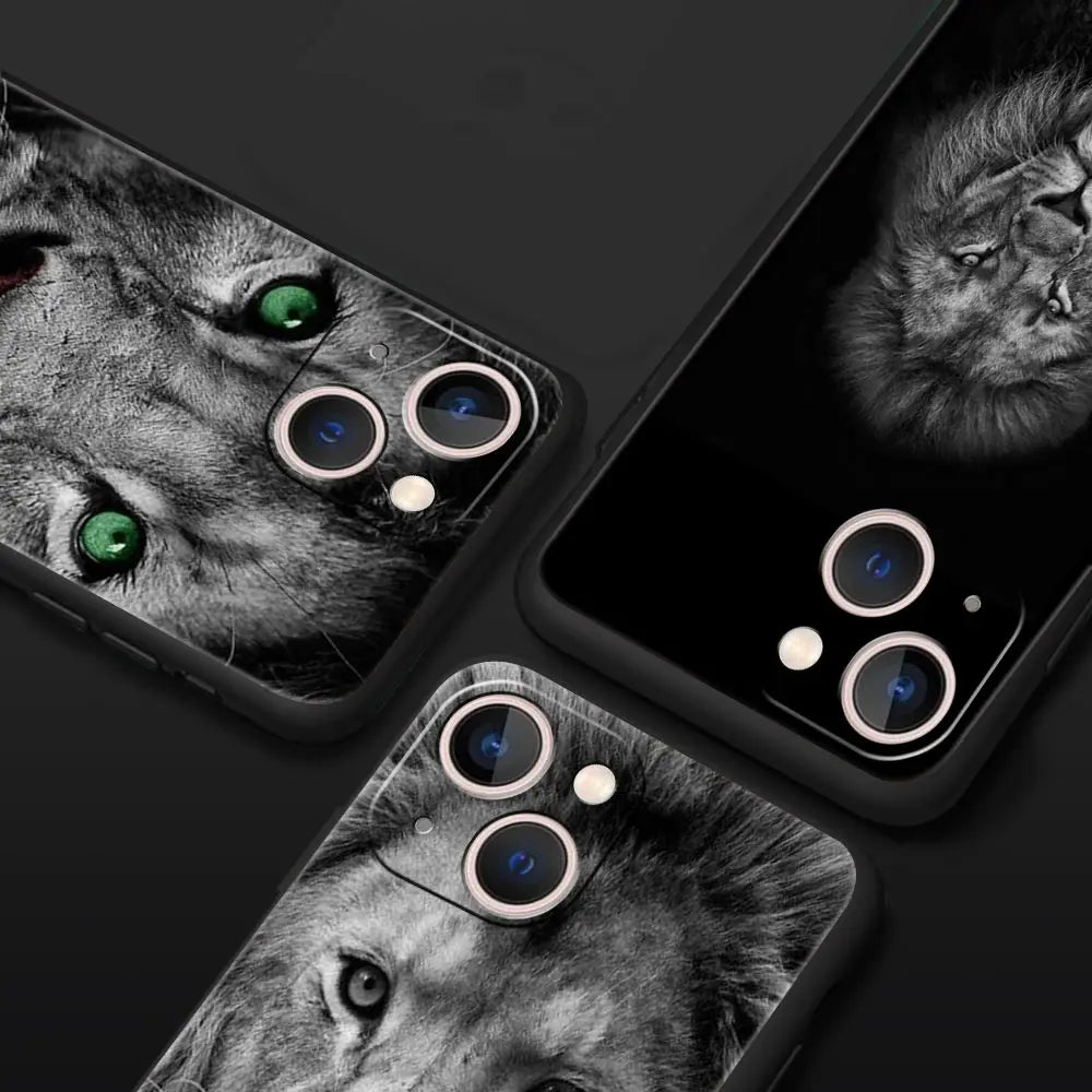 Löwe Wilde Tiere Luxus Handyhülle für iPhone 13 15 14 12 Mini 11 Pro MAX XR X SE XS 7 8 Plus Silikon Schwarz Schutzhülle