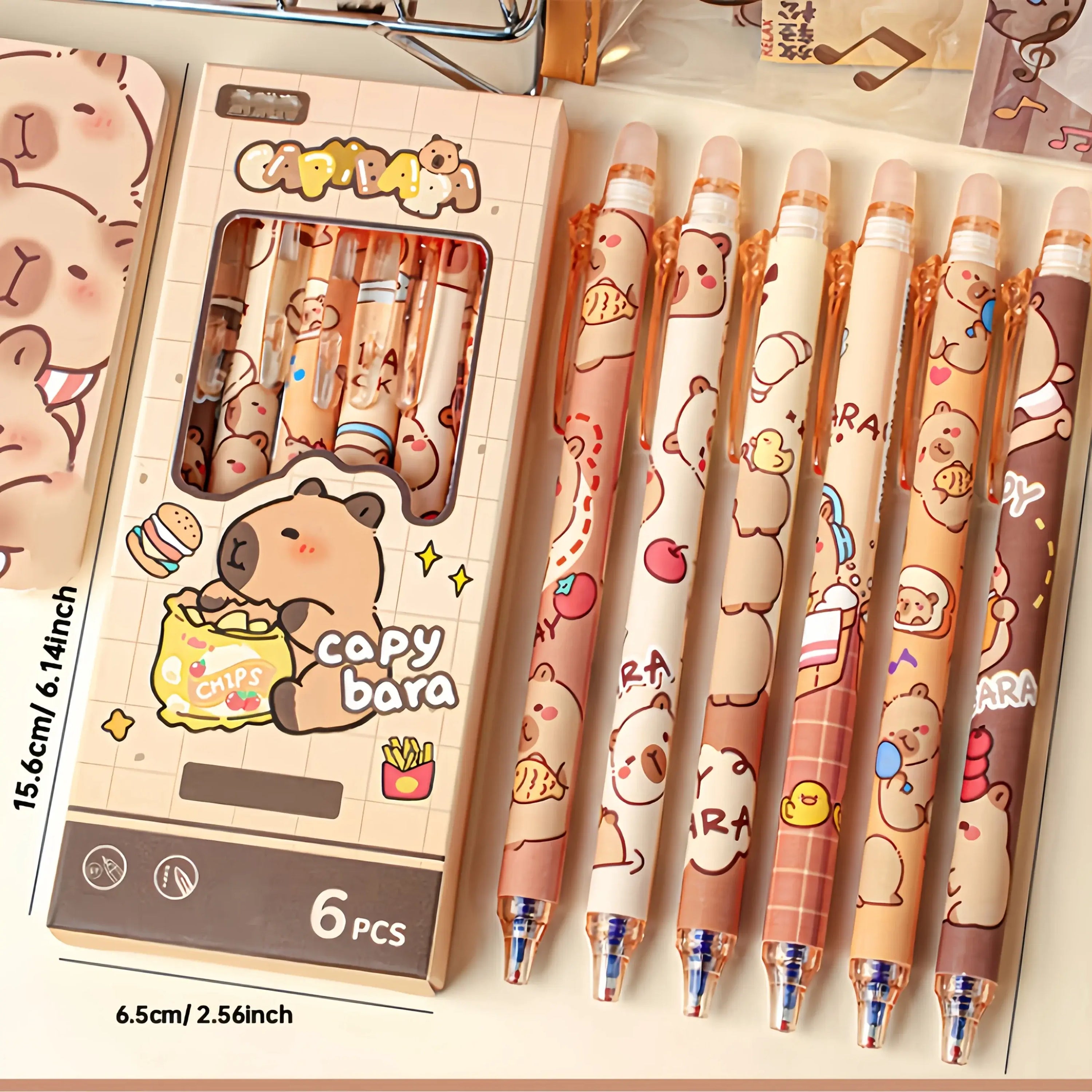 Radierbare Capybara Gelstifte 6er Set von Petoria mit verspieltem Design und bunten Farben.