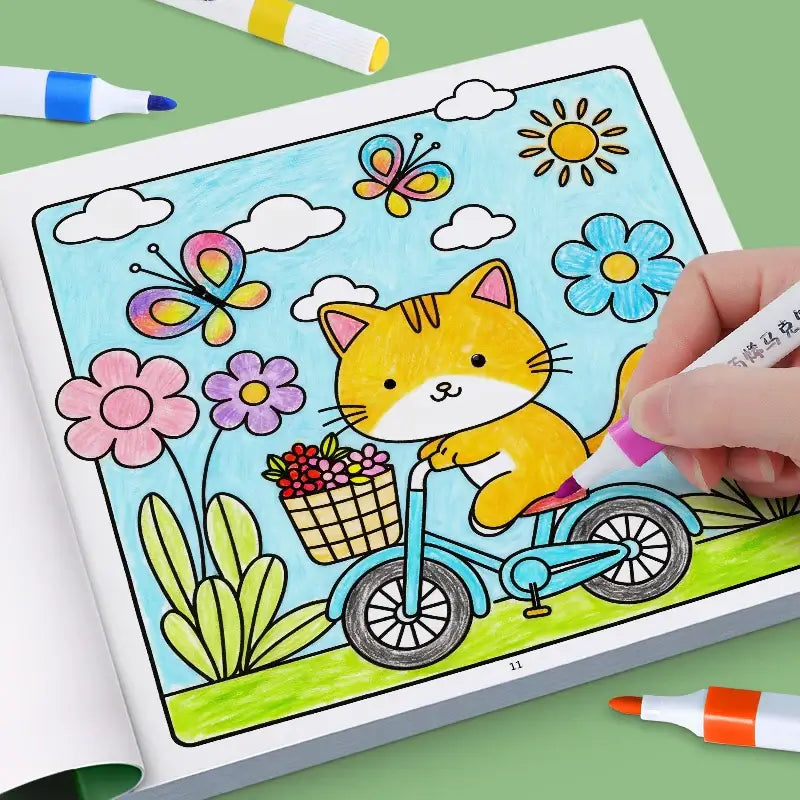 Coloring book page featuring a cute orange cat riding a blue bicycle with pink, purple, and yellow flowers, clouds, and sun, perfect for kids&