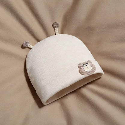 Cream-colored baby hat with bear face embroidery, soft fabric, with bear ears on top, suitable for infants, SKU: 14:29