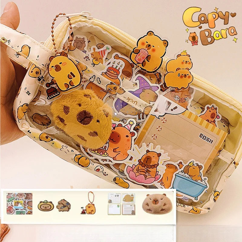 Niedliches Capybara-Federmäppchen mit Schloss – ästhetische Kawaii-Leinentasche, transparenter Organizer für Schulbedarf mit Fächern, inklusive