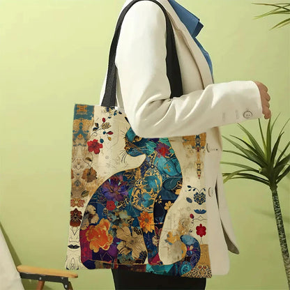 Ethnic Flower Cat Pattern Tote Bag, Aesthetic Canvas School Shoulder Bag, Lightweight Grocery Shopping Bag Petoria Store