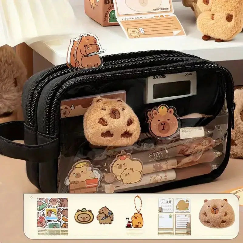 Petoria® Capybara Federmäppchen mit Fächern – Transparenter Organizer für Schule &amp; Büro