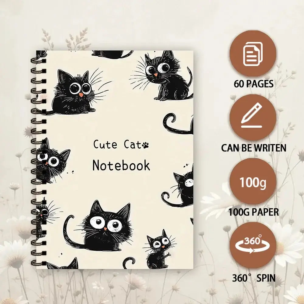 Schwarze Katze Notizbuch im A5 Hardcover-Design mit Spiralbindung und Katzenmotiven