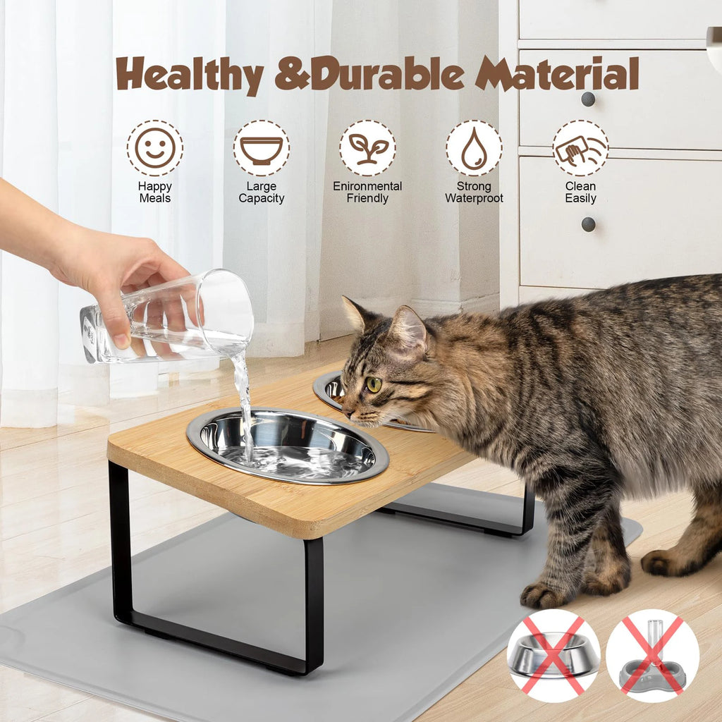 Erhöhte Katzennäpfe mit Futtermatte 15 °   Gekippter Ständer, erhöhter Katzengeschirr für Futter und Wasser, 2 Edelstahlschüsseln für Katzen