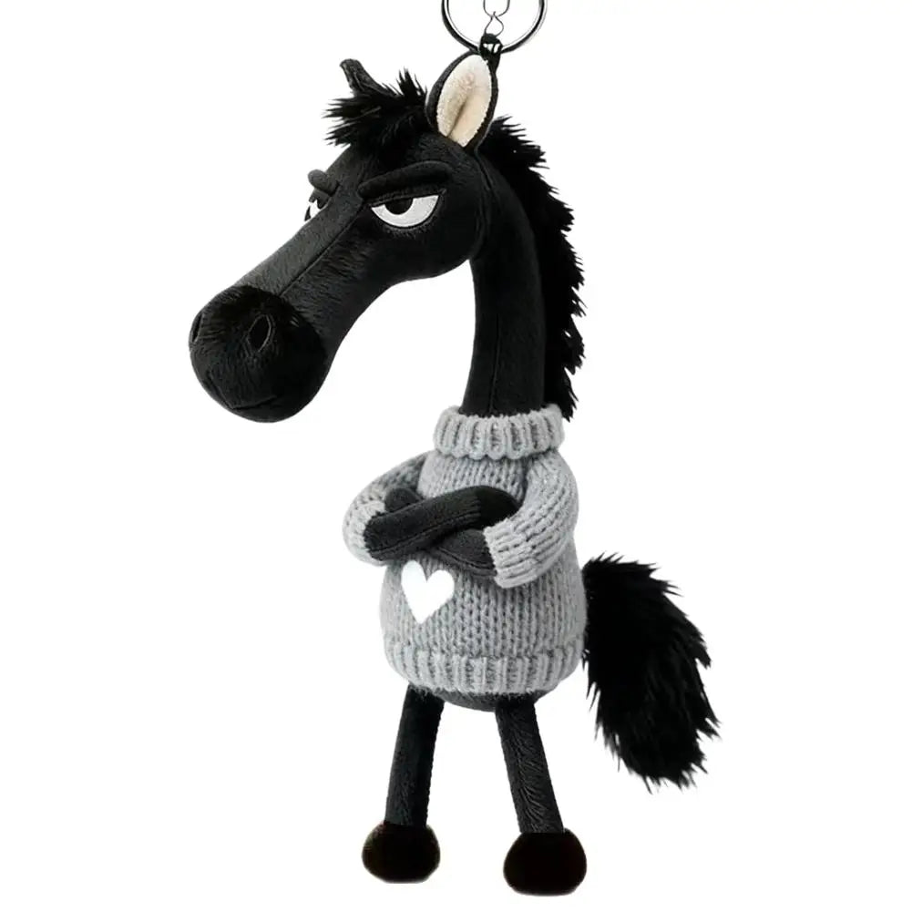 Cooles schwarzes Pferde-Plüschtier mit Pullover 2026 Pferde-Maskottchen Schlüsselanhänger Aloof Dark Horse Taschenanhänger Rucksackanhänger Geschenk