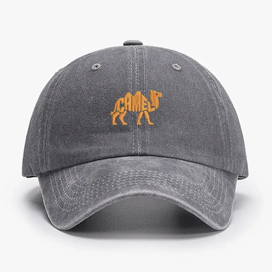 Gray vintage cotton baseball cap with embroidered camel logo, adjustable unisex style for sports, outdoor, and casual use