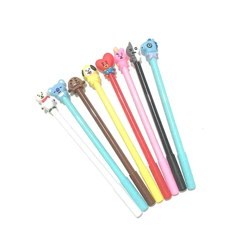 Set of 8 gel pens with adorable animal motifs in various colors including white, blue, brown, yellow, pink, black, and red, 18.5 cm long for creative writing.