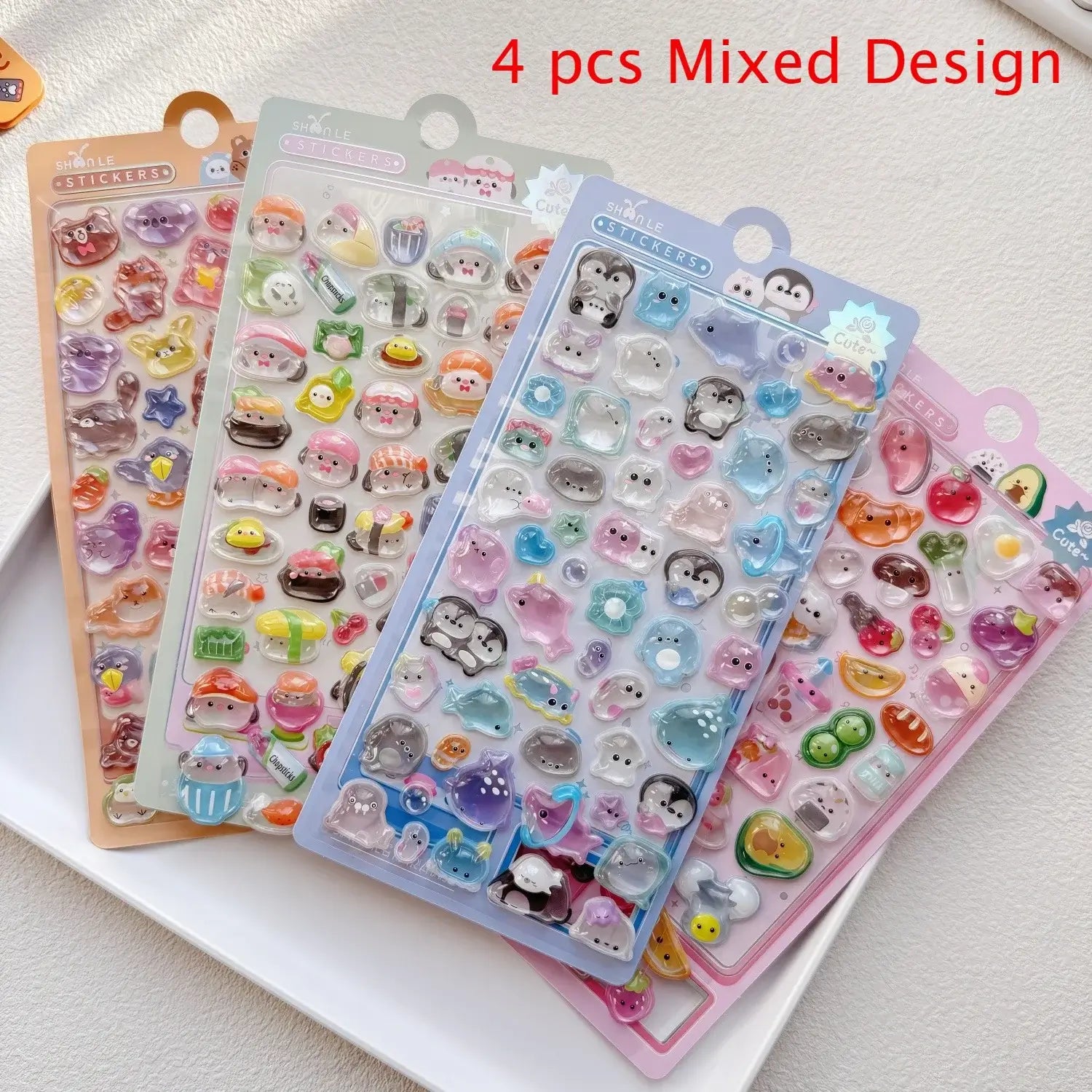 Set of four colorful 3D kawaii pet-themed stickers with cute animal faces, glossy finish, perfect for journaling and decorating