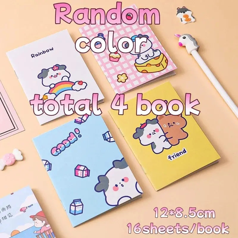 Kawaii Cartoon Mini-Notizbücher im Set von 4 in zufälligen Farben, ideal für Notizen und kreative Ideen.